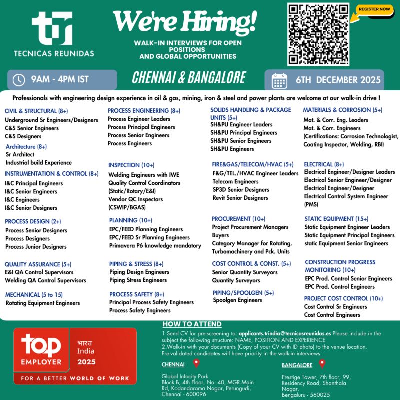 Walk-In Interviews: Engineering Jobs in Chennai & Bangalore Nov at TR India