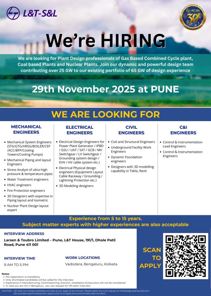 Walk-In for Plant Design Engineers | Power & Energy Jobs – L&T S&L