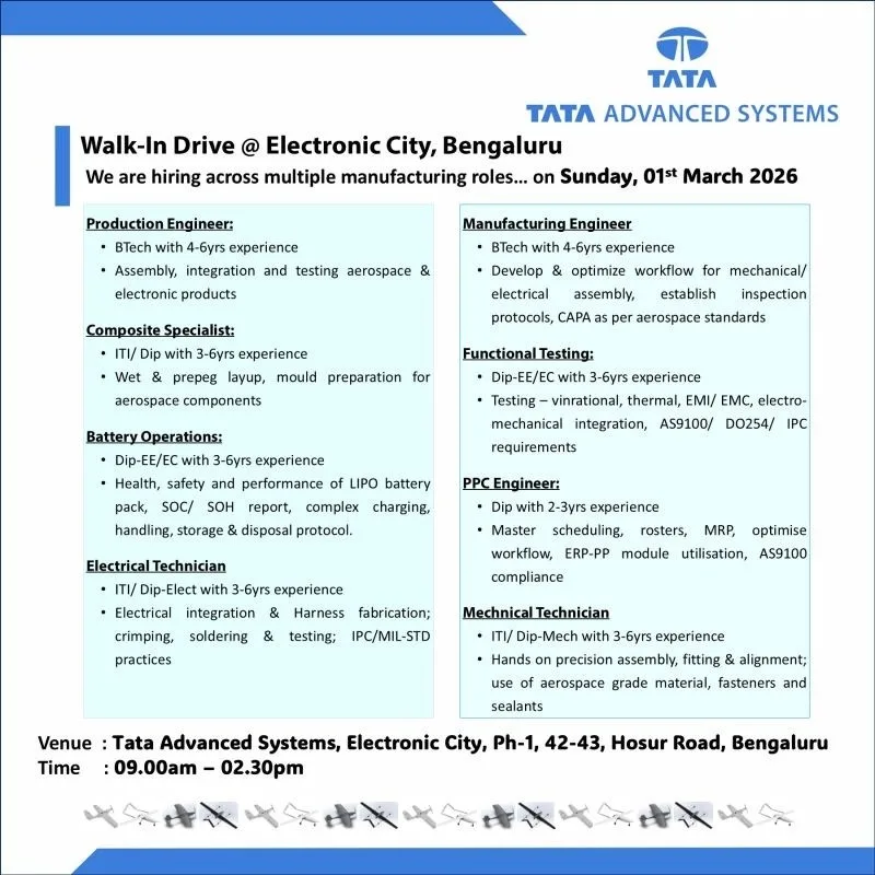 Tata Advanced Systems Walk-In Drive 2026 Bengaluru Hiring for Production & Manufacturing Engineers