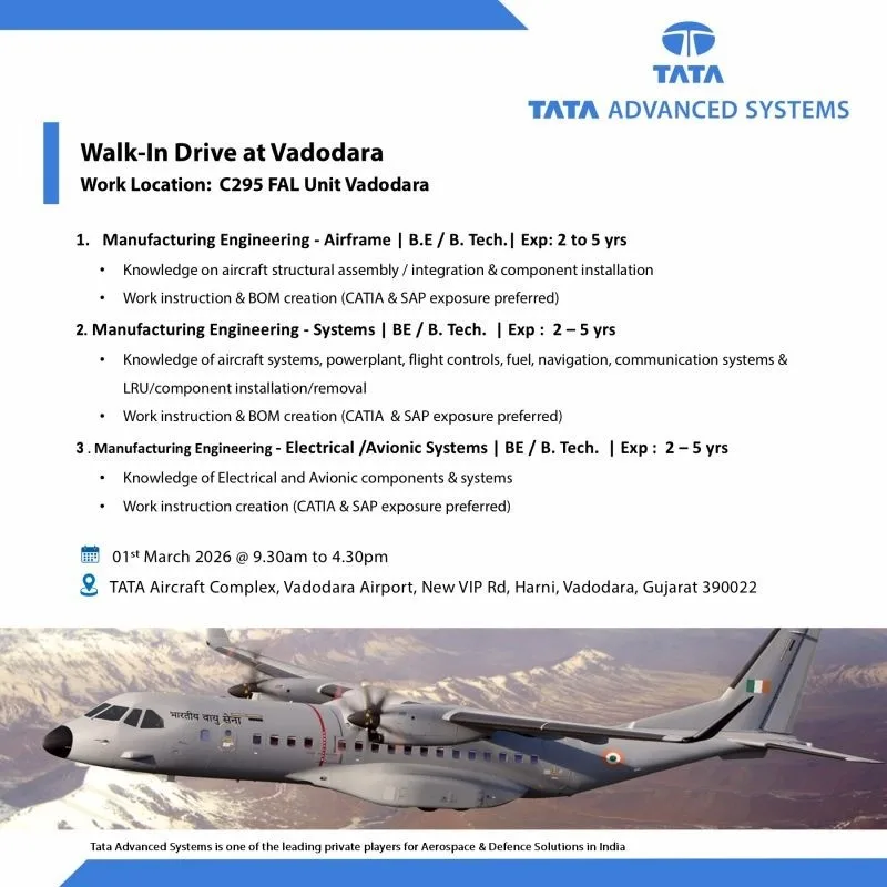 Tata Advanced Systems Walk-In Drive 2026: Careers at C295 FAL Unit, Vadodara