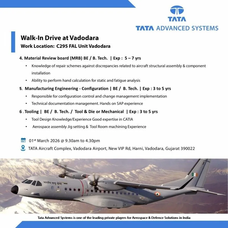Tata Advanced Systems Walk-In Drive 2026: Careers at C295 FAL Unit, Vadodara