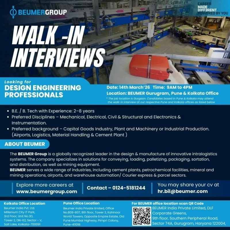 BEUMER Group Walk-In Drive 14 March 2026: Hiring Design Engineering Professionals in Gurgaon, Pune & Kolkata