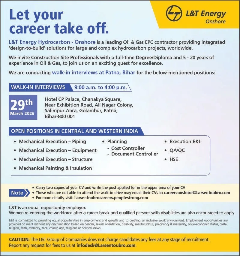 LT Energy Walk in Interview 29 March 2026 – Patna Bihar Oil Gas Jobs