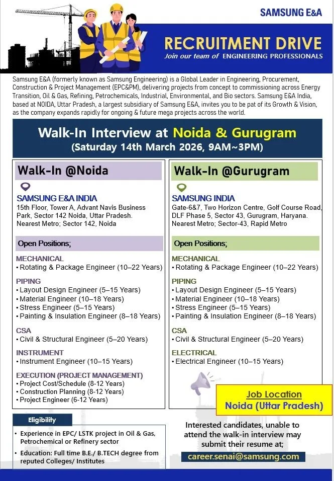 Samsung E&A Walk-In Interview 2026 Mechanical, Piping & Electrical