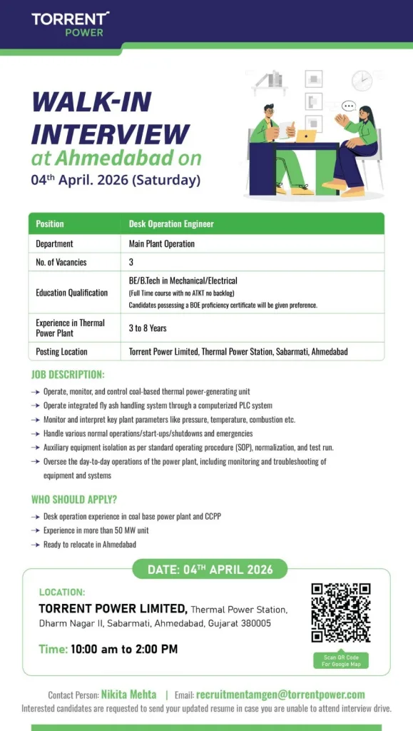 Torrent Power Walk-in Interview 4 April 2026 – Desk Operation Engineer Ahmedabad