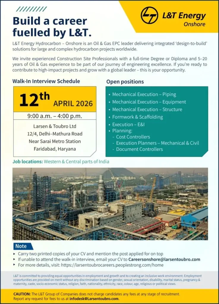 L&T Energy Walk-in Interview 12 April 2026 – Faridabad, Haryana | Oil & Gas Jobs