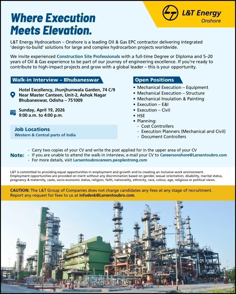 L&T Energy Hiring 2026: Walk-in Drive for Mechanical, Civil, E&I & HSE Engineers
