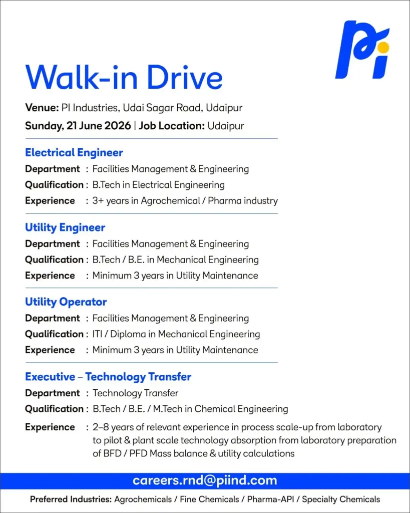 PI Industries Walk-in Interview 2026 in Udaipur | Electrical, Utility & Technology Transfer Vacancies 2 PI Industries Walk in Interview 2026