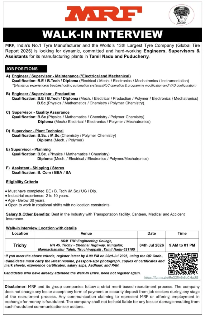 MRF Walk-In Interview 2026: Engineer, Supervisor & Assistant Jobs in Tamil Nadu 1 MRF Walk In Interview 2026