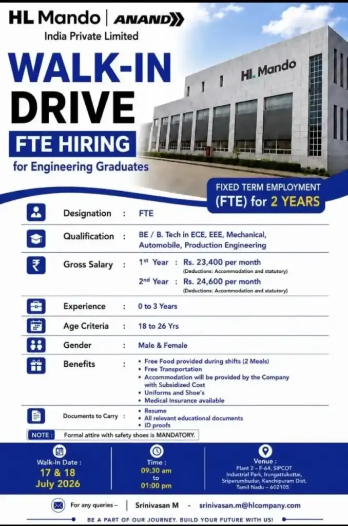 HL Mando Walk-In Drive 2026 | Engineering Jobs in Tamil Nadu 1 HL Mando
Walk-In Drive 2026